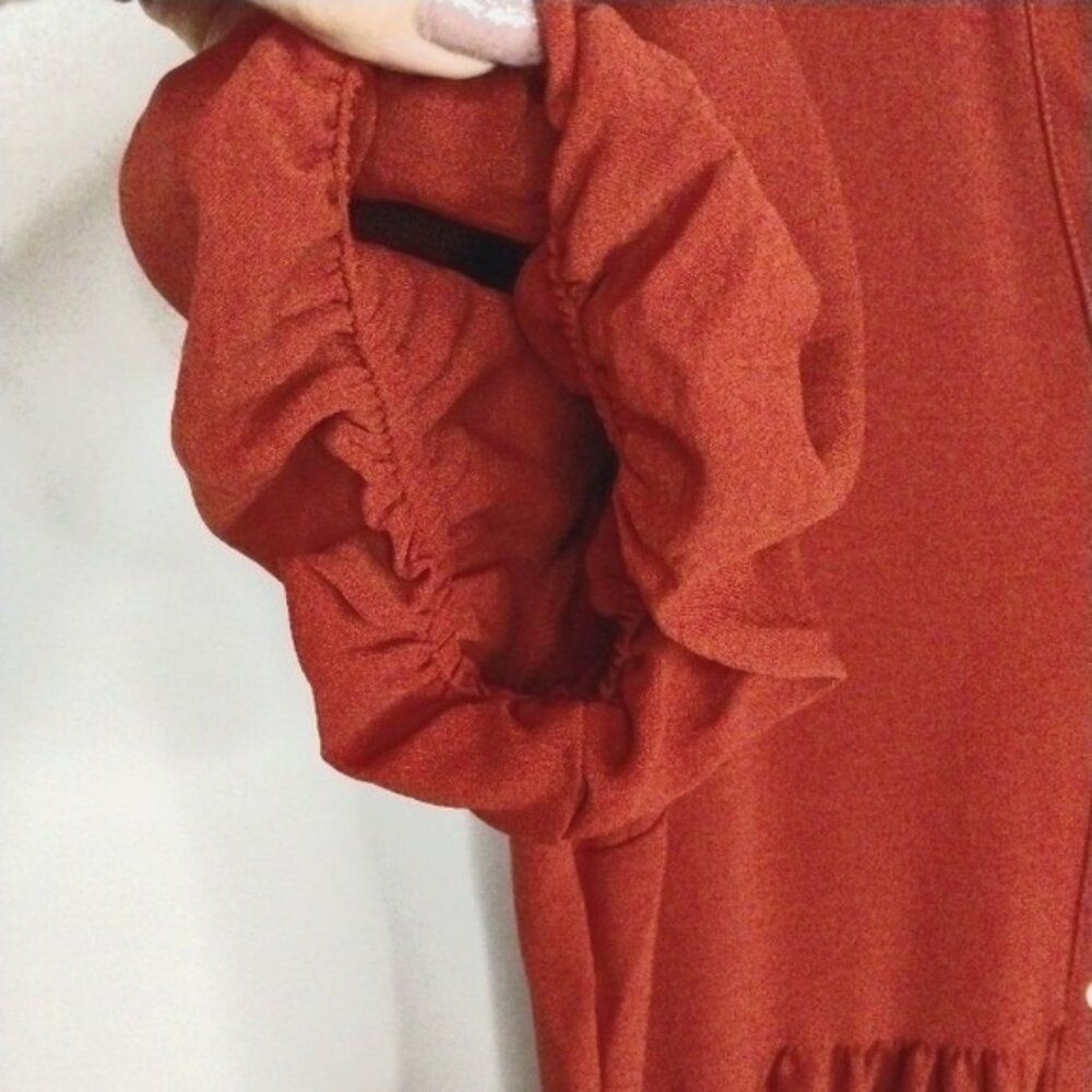 1. State Red Tiered Puff Sleeve Shell Buttons Dress Size Medium - Picture 6 of 8